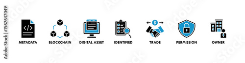 Nft banner web icon vector illustration concept with icon of metadata, blockchain, digital asset, identified, trade, permission and owner