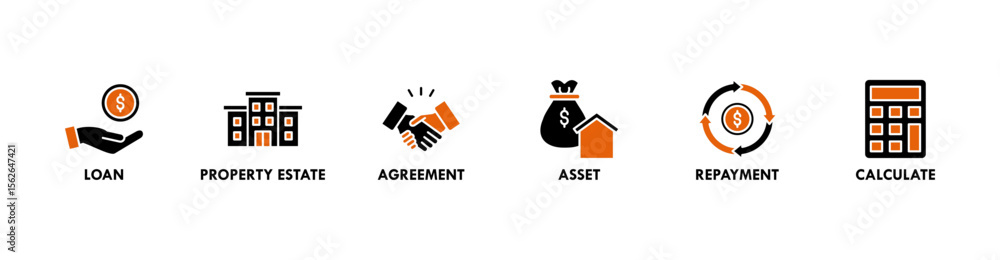 Mortgage banner web icon vector illustration concept with icon of loan, property estate, agreement, asset, repayment and calculate Mortgage banner web icon vector illustration concept with icon of loan, property estate, agreement, asset, repayment and calculate