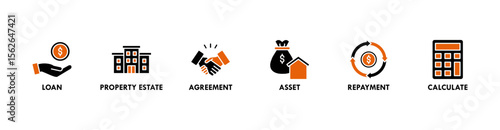 Mortgage banner web icon vector illustration concept with icon of loan, property estate, agreement, asset, repayment and calculate