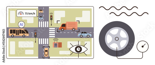 Intelligent vehicle network at traffic junction featuring AI monitoring, autonomous cars, tire pressure measurement. Ideal for AI, mobility, automation, sustainability, transport safety, urban