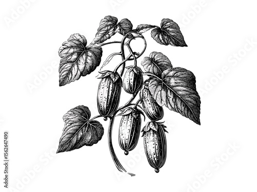 Vintage style engraving, hand-drawn botanical sketch, cucumber tree branches, rustic forest tree, antique flora, wood engraving, black sketch, nature print, classic plant illustration