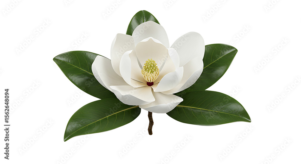 Obraz premium Magnolia blossom with fresh leaves on an isolated white background for design