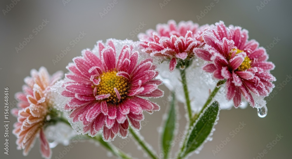 Pink chrysanthemums covered in ice crystals with a water drop Pink chrysanthemums covered in ice crystals with a water drop