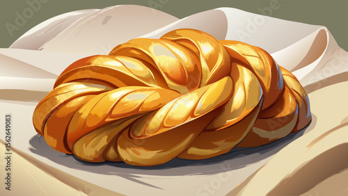 A braided challah bread, glistening from egg wash and rich in golden tones, rests gently on a white cloth, with each curve defined in soft focus.