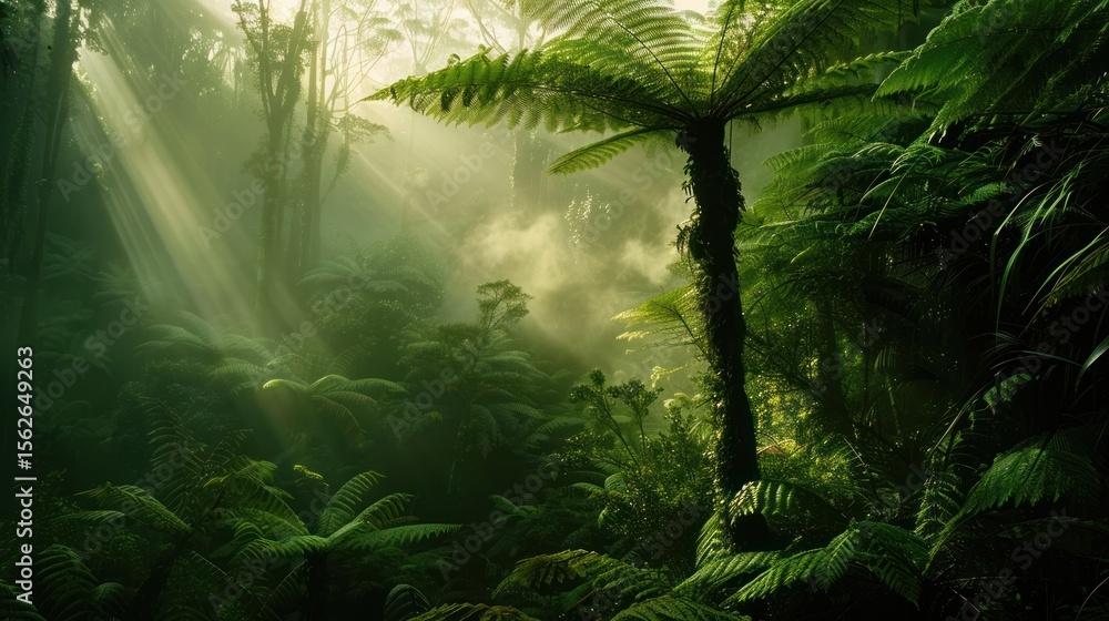 Naklejka premium Lush green tropical forest scene