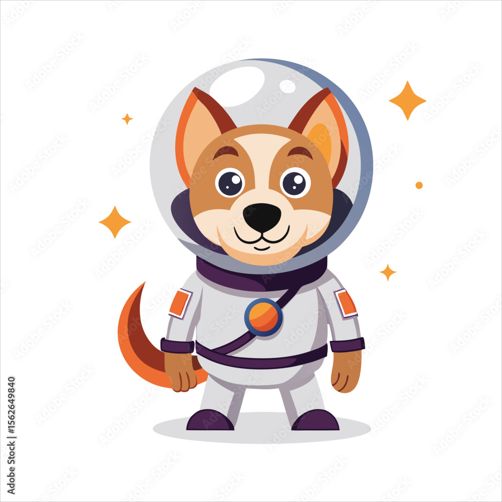 Fototapeta premium Cartoon dog astronaut in a spacesuit standing isolated on white background