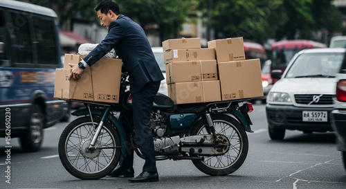 Busy city streets, a man on a motorbike skillfully navigates traffic, carrying a stack of cardboard boxes for delivery.