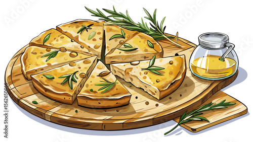 A sliced focaccia, topped with rosemary and sea salt, shows its porous interior and olive oil shimmer, all laid out on a white wooden board for contrast.