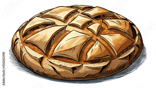 A rustic round pain de campagne, with coarse flour on the crust and deep scoring, lies centered against white, casting soft shadows that enhance its hand-crafted form.