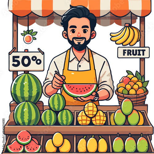 Fruit Vendor with Watermelon at Local Market Illustration