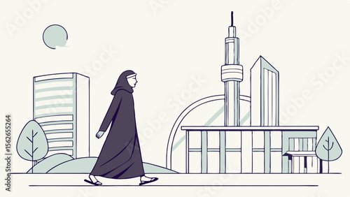 Woman in Abaya Walking in Modern City with Iconic Tower