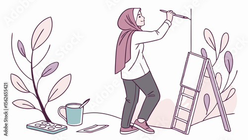 Woman in hijab painting on easel, creative artistic illustration with plants