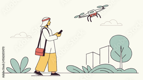 Middle Eastern Person Operating Drone in Urban Landscape with Remote Control. Modern Technology and Innovation Concept Illustration.