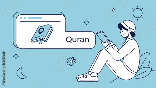 Digital Quran Reading: Muslim Person Studying Holy Book on Tablet Illustration
