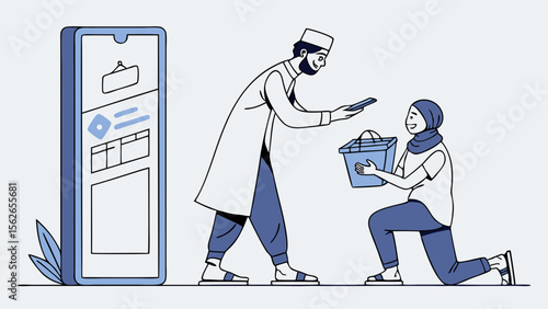 Online Islamic Charity and Zakat Donation. Muslim Man Gives to Woman via Mobile App. Digital Philanthropy Concept.