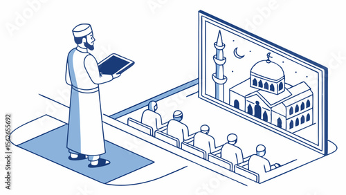 Modern Islamic Prayer: Imam Leading Virtual Congregation with Digital Mosque View
