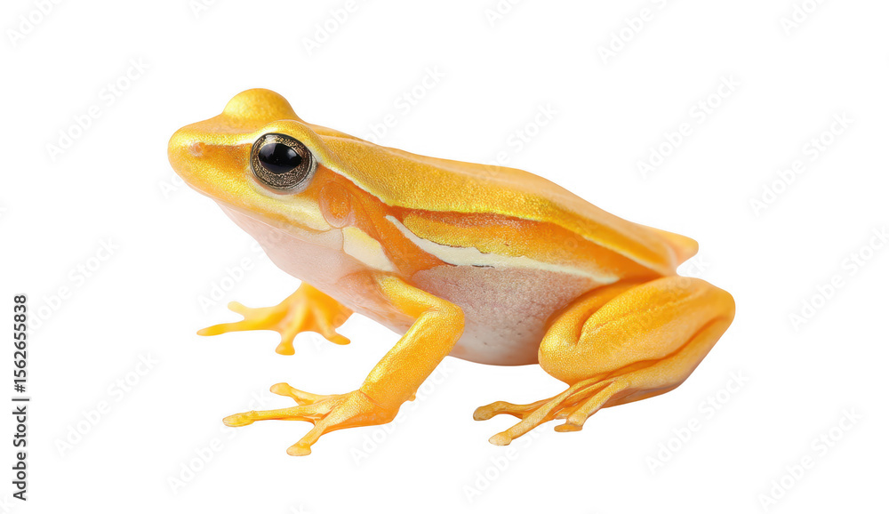 Obraz premium A vibrant yellow frog with striking black eyes sits gracefully on a pristine white background. showcasing its natural beauty and unique coloration. ideal for educational and wildlife-themed projects