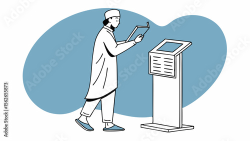 Muslim Man Reading Sacred Text at Digital Kiosk. Islamic Education, Spiritual Learning & Information Access Concept Illustration.