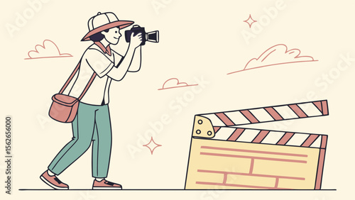 Filmmaker or photographer with camera and clapperboard. Creative video production, photography, and content creation concept illustration.