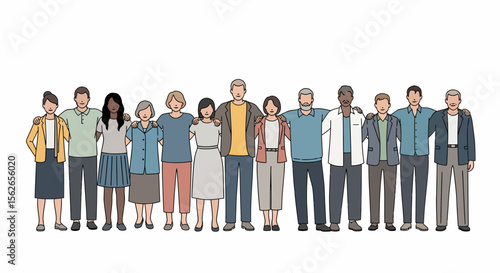 Diverse group of cartoon people standing together with arms around each other.