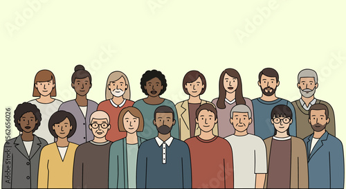 Diverse group of cartoon people with varying ages skin tones and hairstyles.