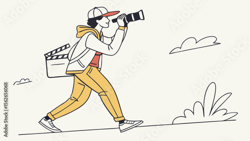 Filmmaker Walking with Camera and Clapperboard. Video Production, Photography, Creative Profession Concept.