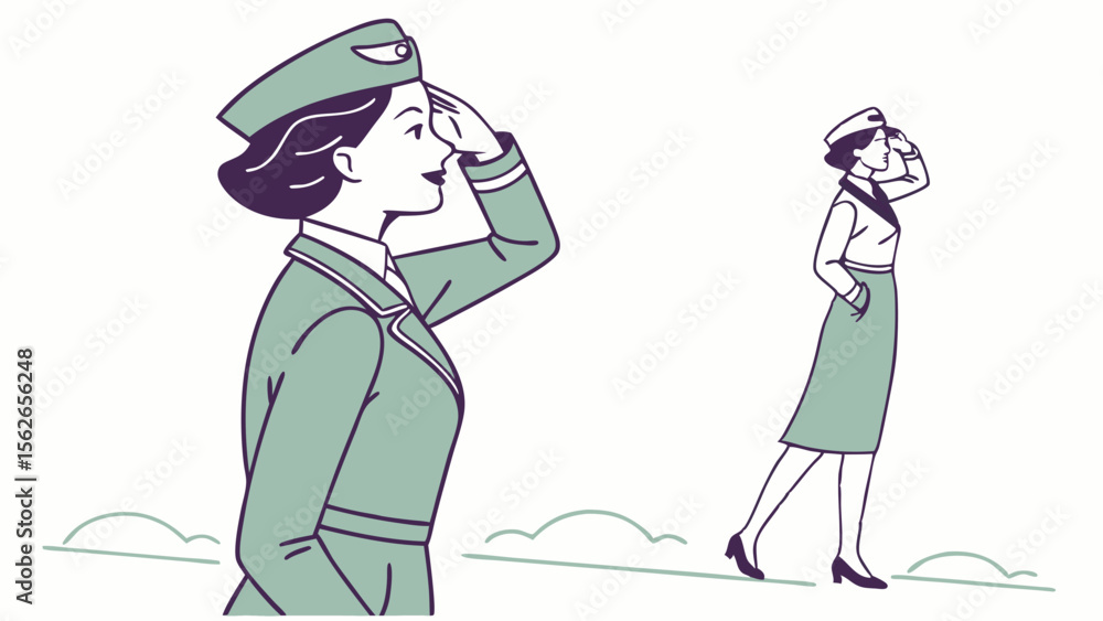 Fototapeta premium Professional Woman in Aviation Uniform Looking Forward with Vision and Anticipation - Flat Line Art Illustration