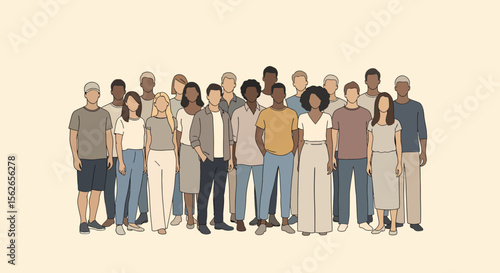 Diverse group of people standing together illustration with neutral color palette.