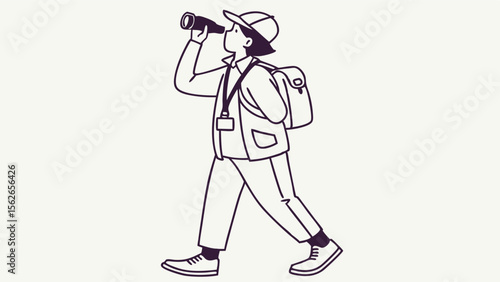 Minimalist line art of an explorer or traveler looking through binoculars, symbolizing observation, discovery, and adventure.