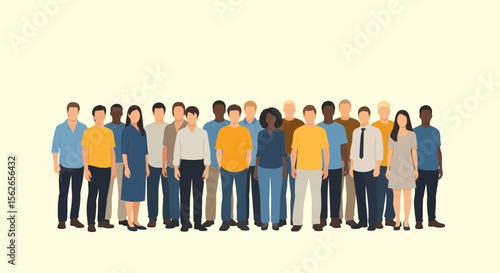 Diverse group of people standing together wearing casual attire facing forward.