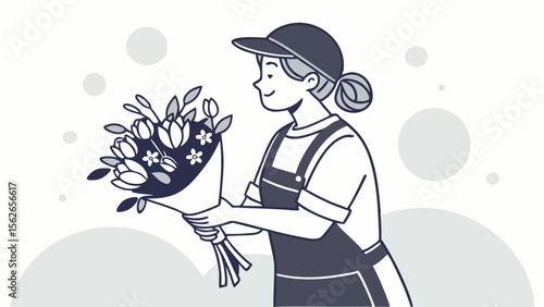 Smiling Female Florist Holding Fresh Flower Bouquet Illustration