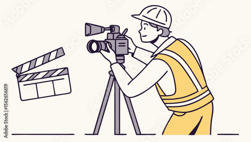 Professional Videographer Filming with Camera and Clapperboard. Filmmaker in Hard Hat and Vest Engaged in Video Production.