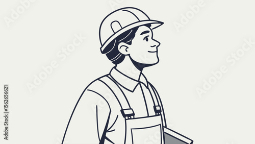 Happy Male Construction Worker in Hard Hat and Overalls - Line Art Illustration