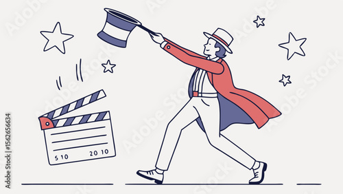 Show Business Director with Clapperboard and Hat. Film Production and Entertainment Concept Illustration