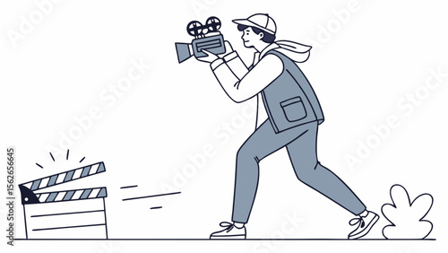 Filmmaker with Vintage Camera & Clapperboard. Creative Video Production, Movie Making, & Content Creation Illustration.