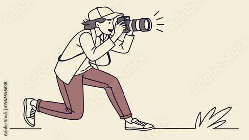 Creative Female Photographer Taking Photo with Camera - Minimal Line Art Illustration