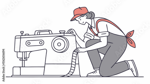 Skilled seamstress or tailor working with industrial sewing machine. Craftsperson in textile production. Line art illustration.