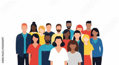 Diverse group of people various skin tones hairstyles and clothing colors.