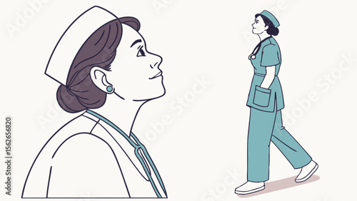 Dedicated Female Nurse Looking Up & Walking Illustration - Healthcare Professional Profile & Full Body Views