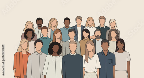 Diverse group of stylized people varied skin tones modern professional attire.