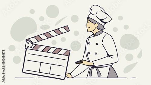 Chef holding clapperboard, symbolizing culinary show production and food media content creation