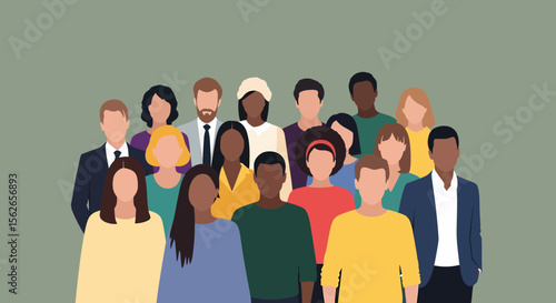 Diverse group of stylized people various skin tones wearing colorful clothing.