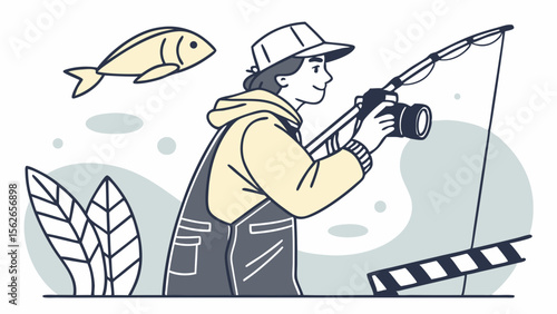 Creative Content Production Concept: Person Angling for Shots with Camera on Fishing Rod and Film Clapperboard