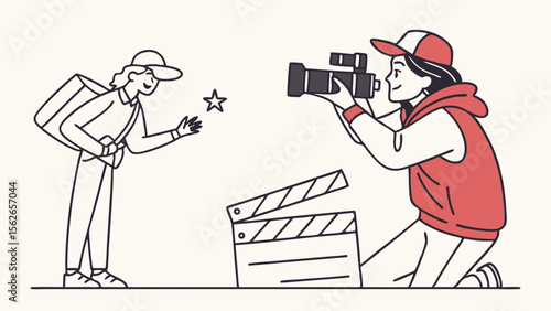 Filmmaker shooting a creative scene with talent and clapboard. Video production and content creation concept.