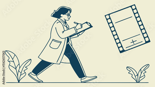 Researcher Walking with Clipboard and Film Strip for Data Collection and Observation