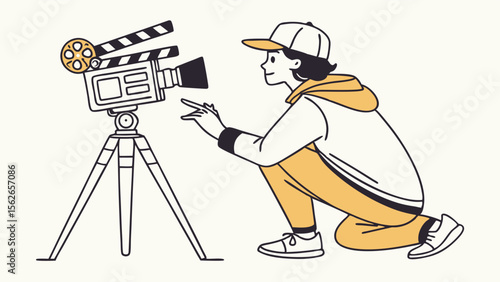 Filmmaker Operating Vintage Movie Camera with Clapperboard Illustration