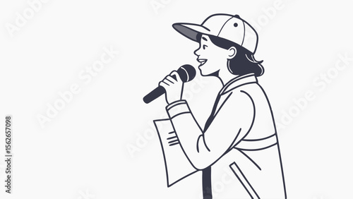 Person Speaking into Microphone and Holding Notes - Line Art Illustration