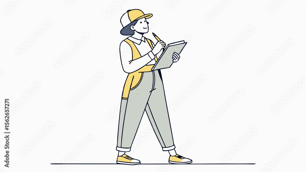 Fototapeta premium Thoughtful Person Writing on Clipboard in Work Attire - Planning & Problem Solving Minimalist Illustration