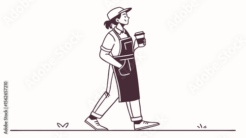 Minimalist line art illustration of a barista or cafe worker walking with a coffee cup, wearing an apron and cap.