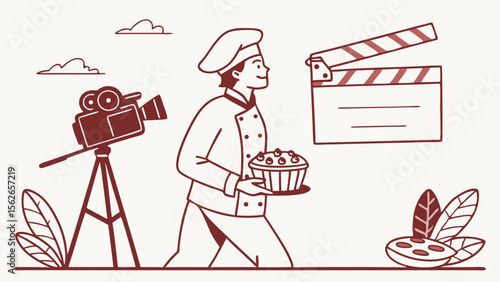 Chef Filming Cooking Show with Camera & Clapperboard. Culinary Content Creation & Food Video Production Concept.